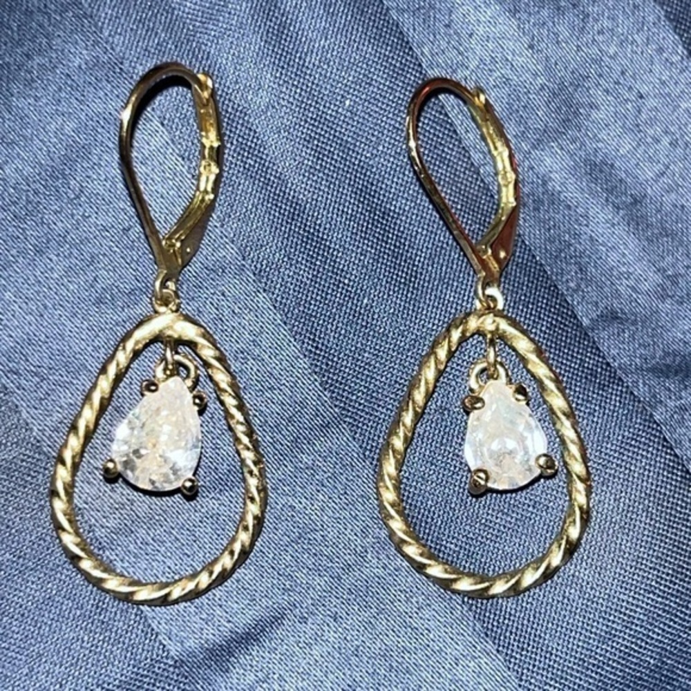 Gold cubic zirconia dangle drop earrings with rope detail